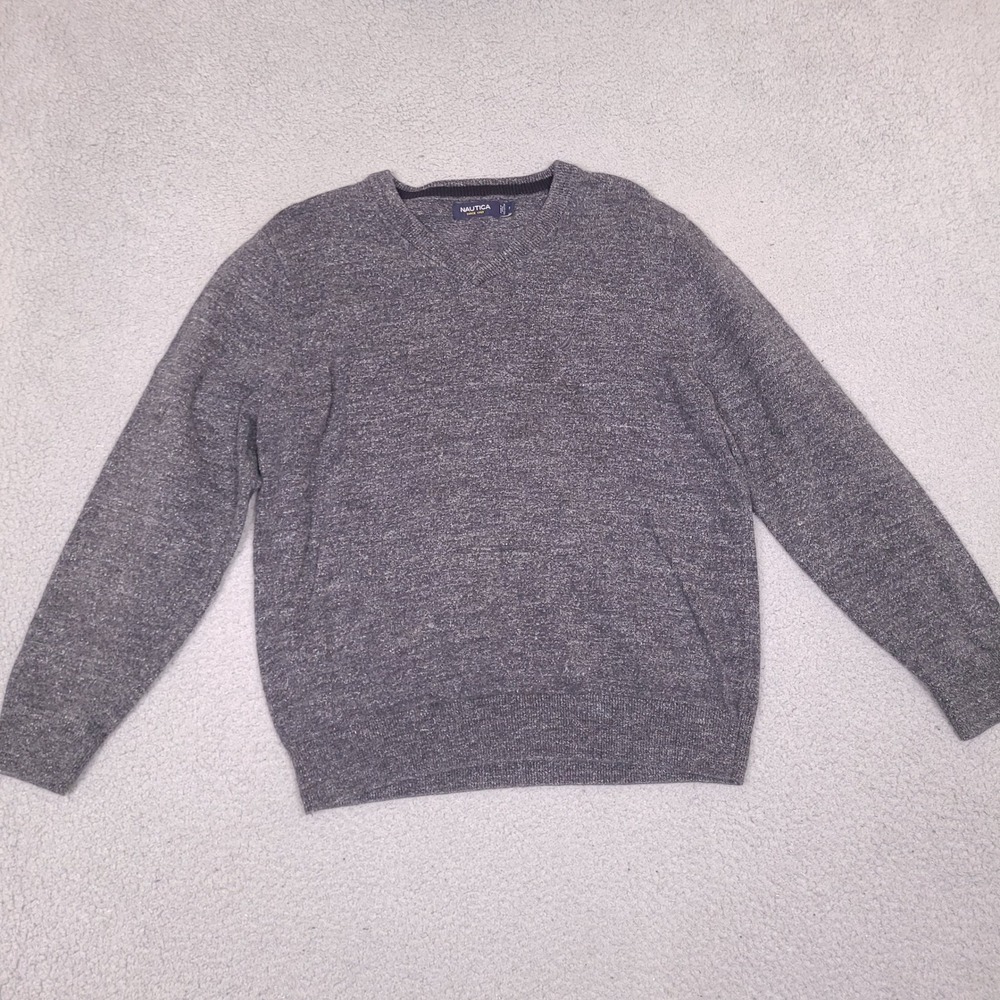 Nautica Sweater‎ Mens Medium Charcoal Gray Marl V-Neck Cotton Pullover Preppy